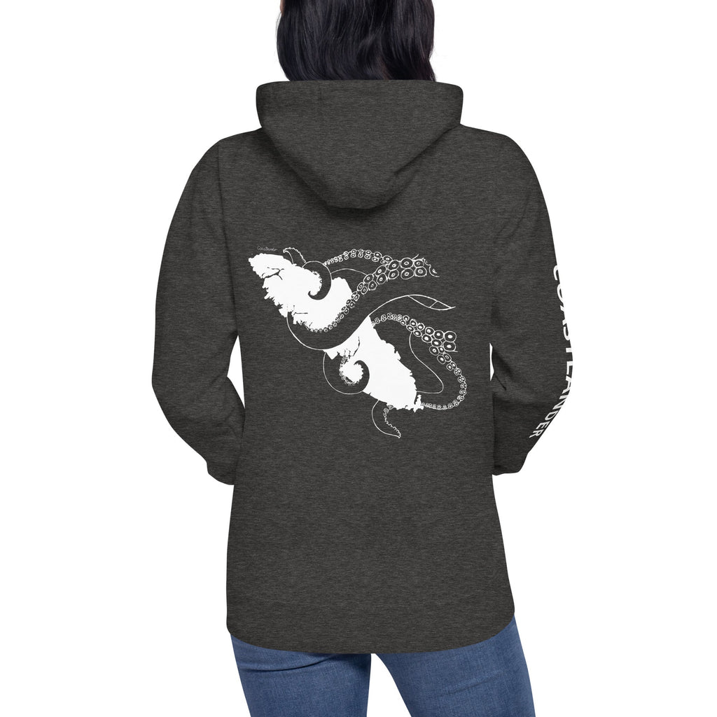 Design of Octopus Vancouver Island Kraken - on back - Unisex Hoodie , the colour is Charcoal Heather