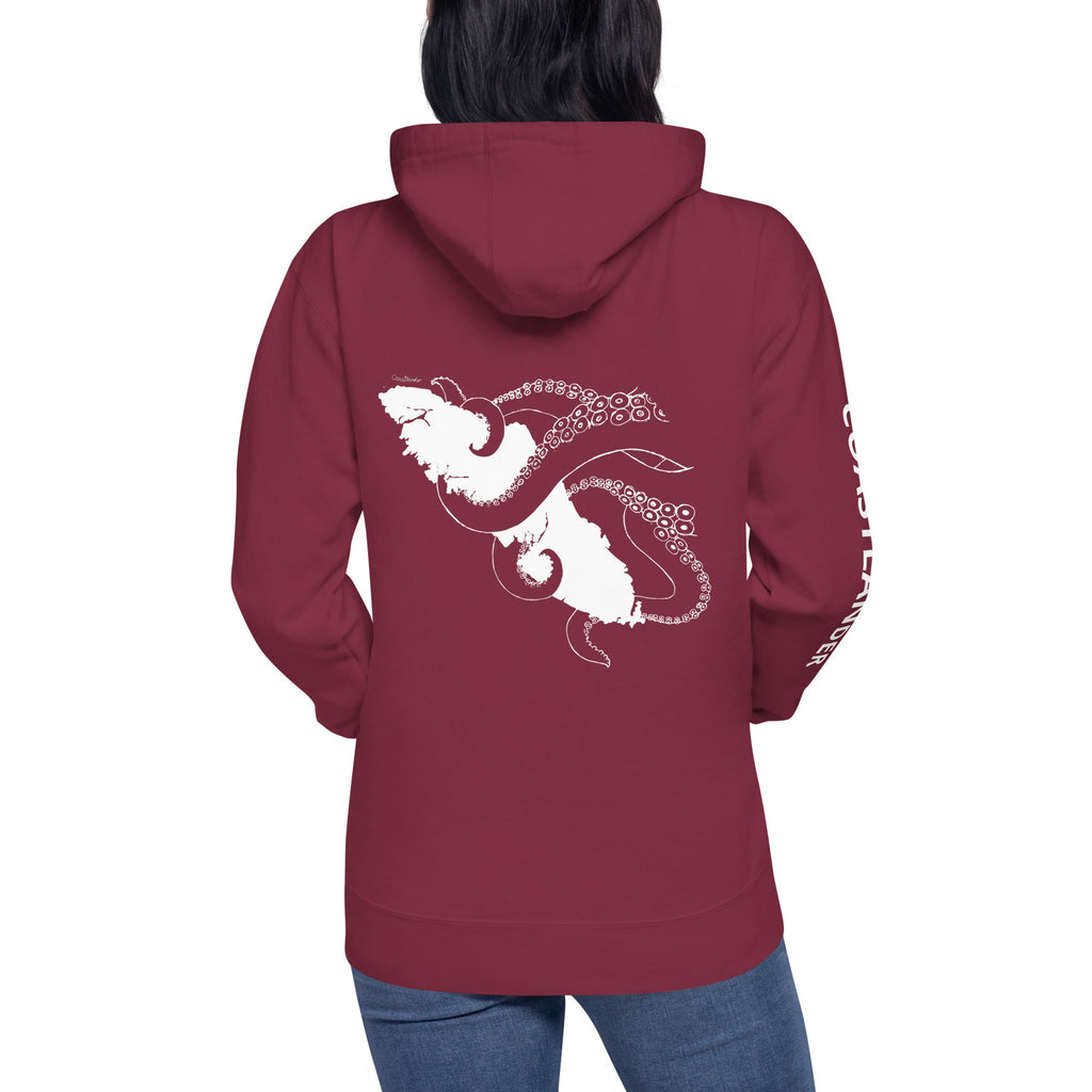 Design of Octopus Vancouver Island Kraken - on back - Unisex Hoodie , the colour is Maroon