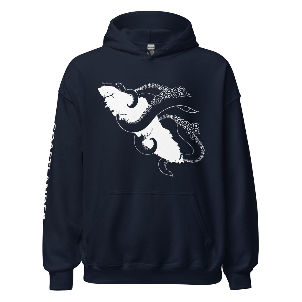 Design of Octopus Wrapped Around Vancouver Island - Gildan Unisex Hoodie , the colour is Navy