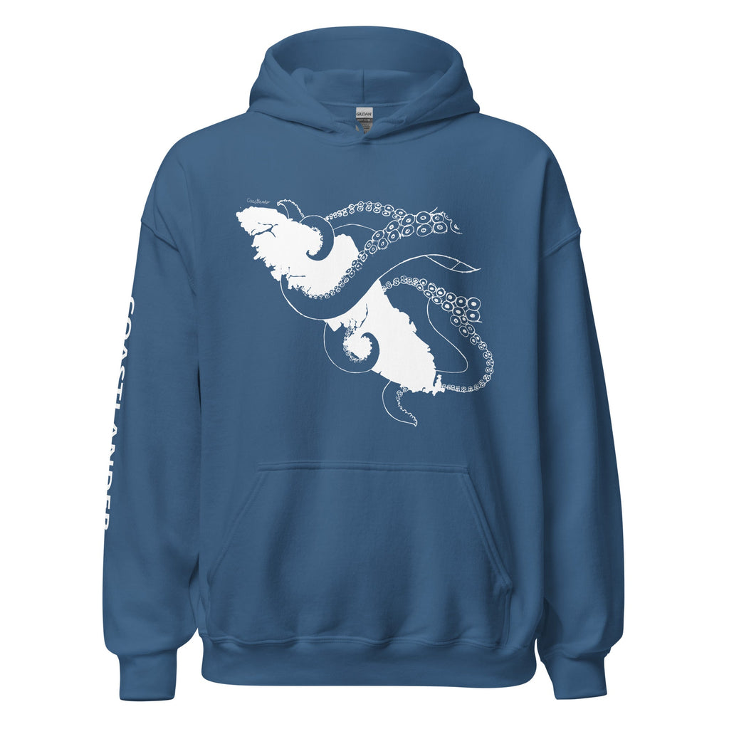 Design of Octopus Wrapped Around Vancouver Island - Gildan Unisex Hoodie , the colour is Indigo Blue