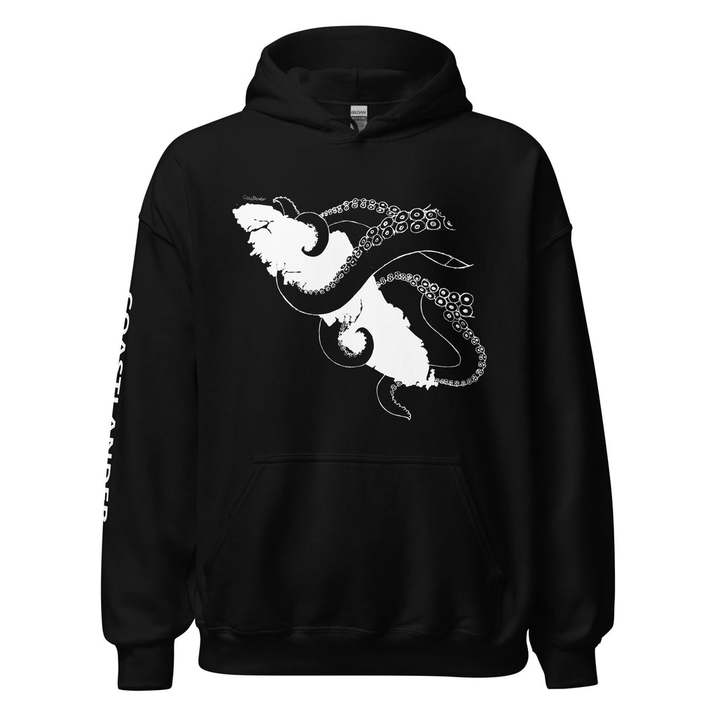 Design of Octopus Wrapped Around Vancouver Island - Gildan Unisex Hoodie , the colour is Black