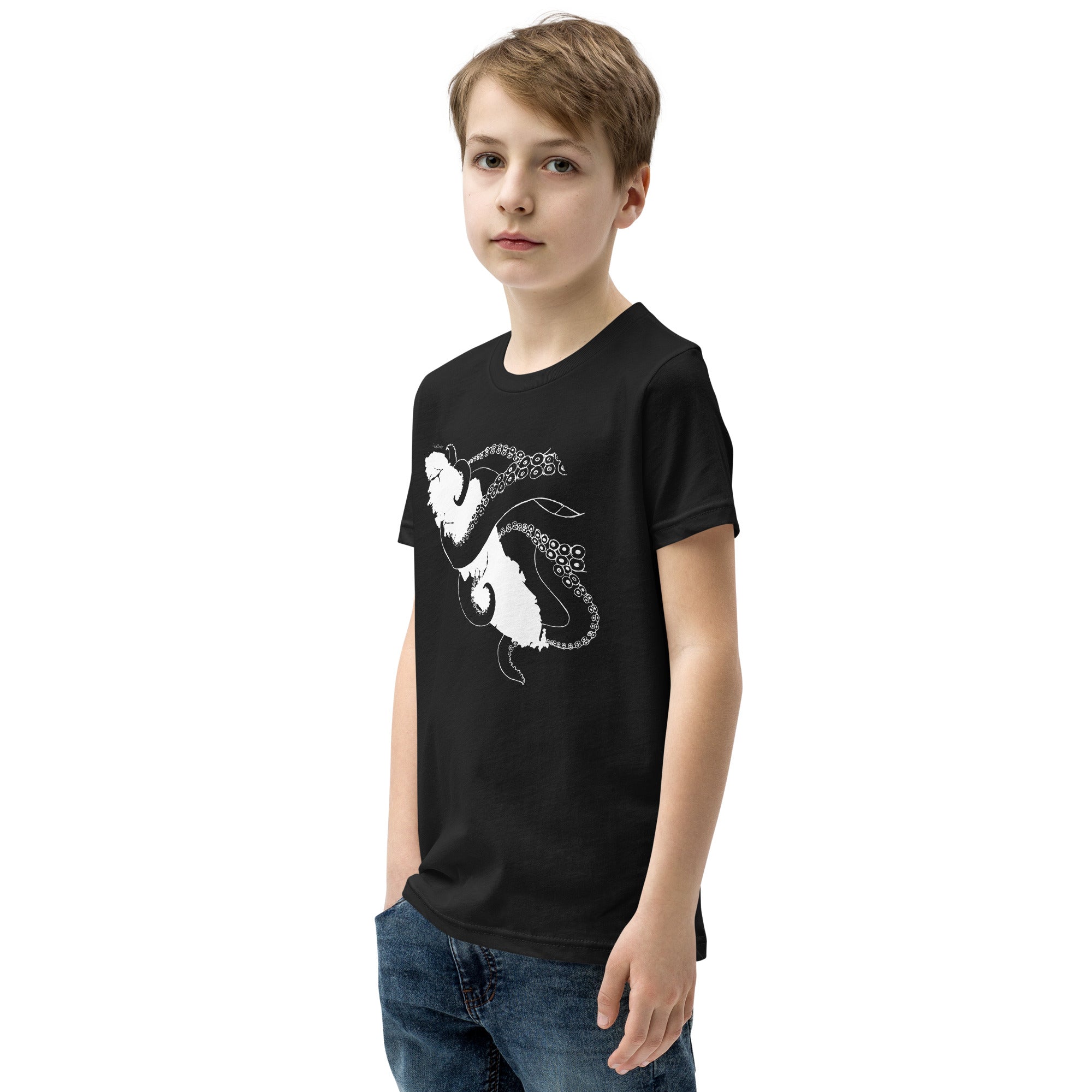 Design of Octopus Wrapped Around Vancouver Island - Kraken - Kids - Youth Short Sleeve T-Shirt , the colour is