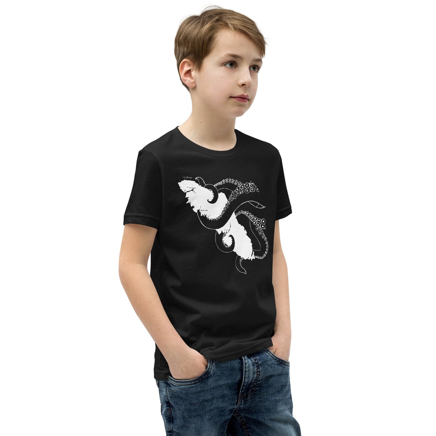 Design of Octopus Wrapped Around Vancouver Island - Kraken - Kids - Youth Short Sleeve T-Shirt , the colour is