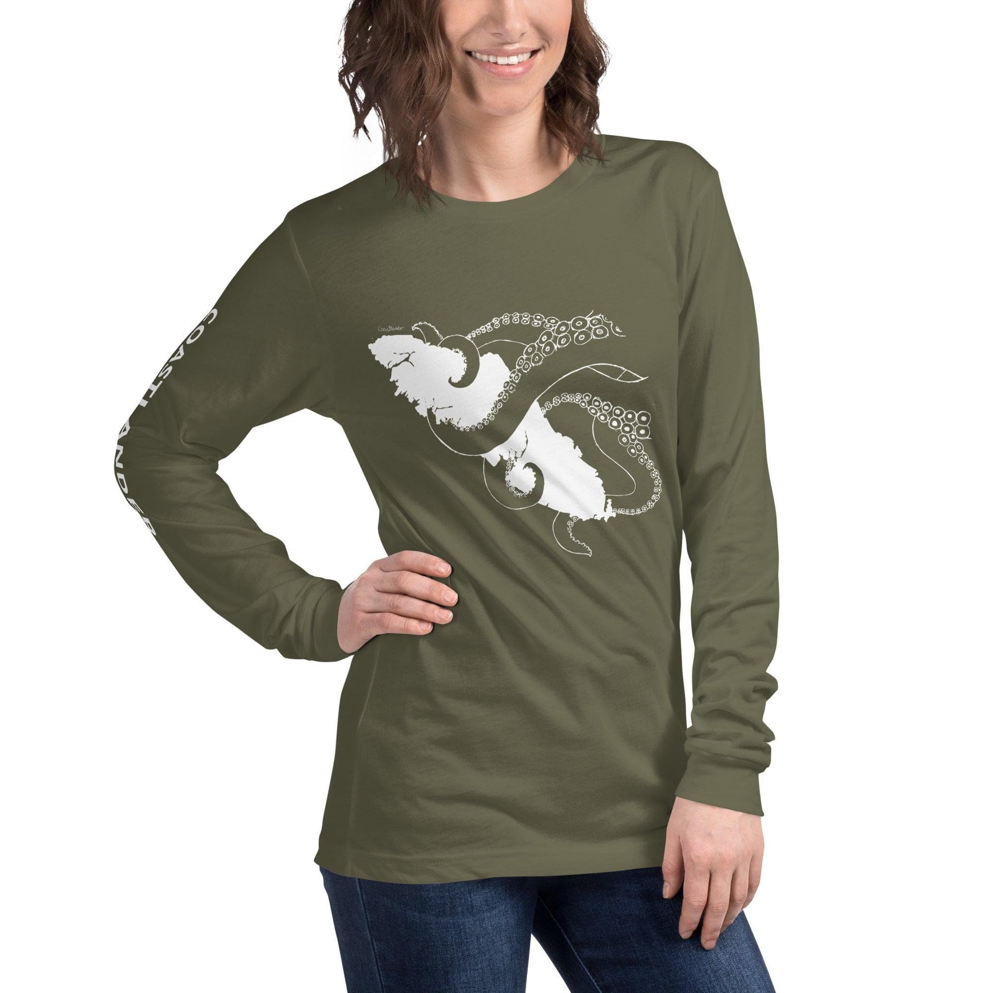 Design of Octopus Wrapped Around Vancouver Island - Unisex Long Sleeve Tee , the colour is