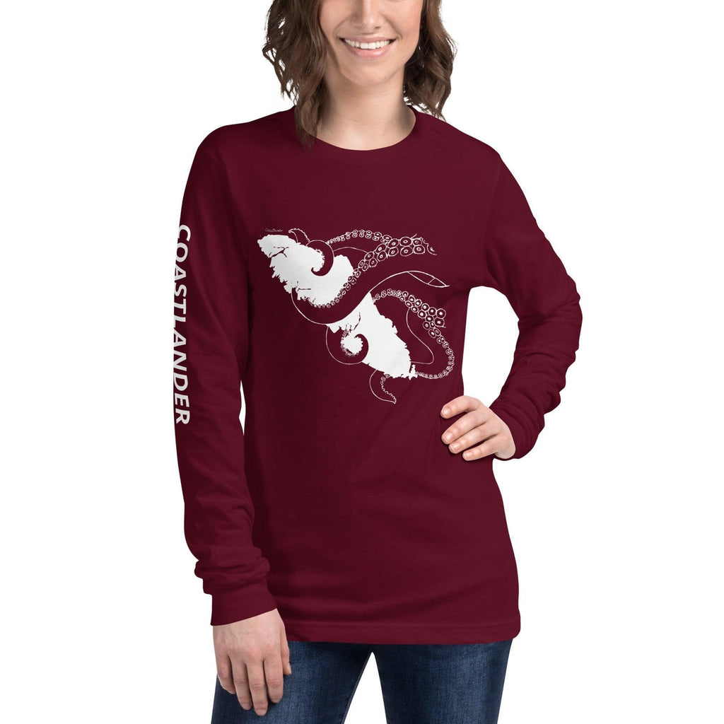 Design of Octopus Wrapped Around Vancouver Island - Unisex Long Sleeve Tee , the colour is Maroon