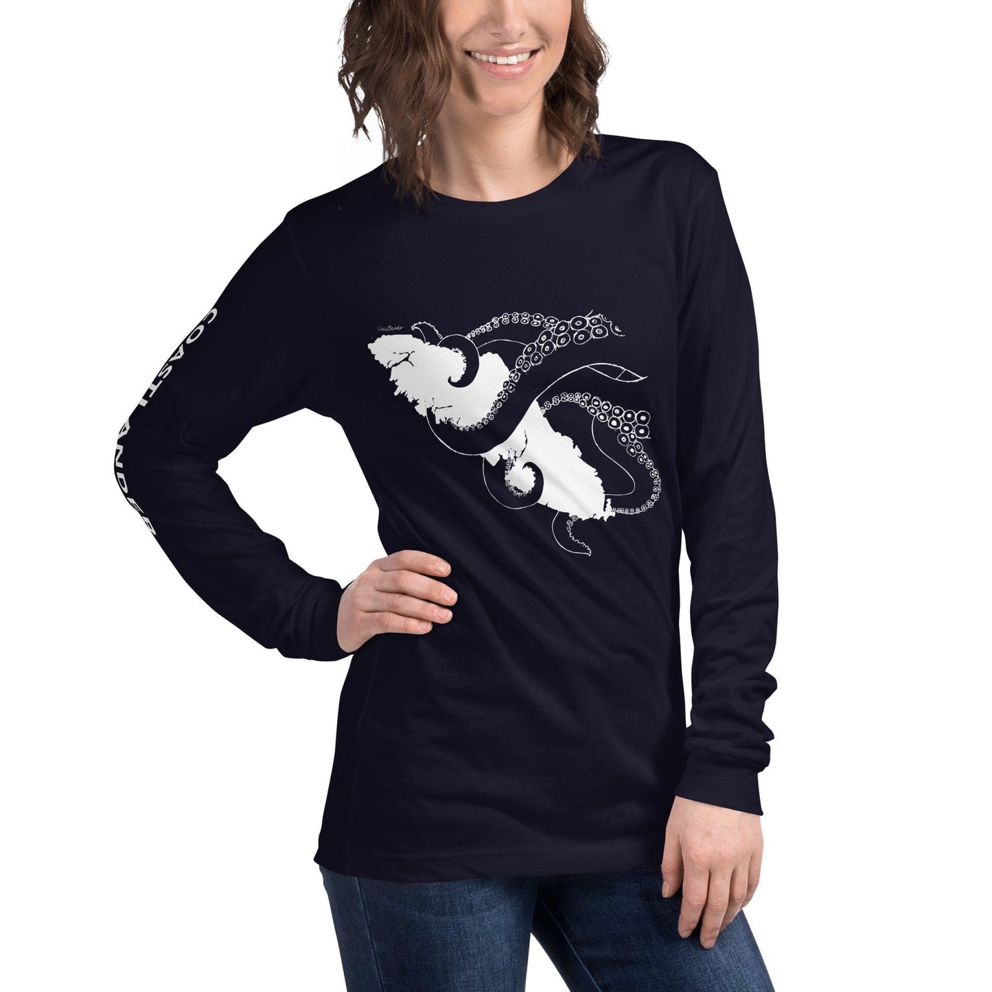 Design of Octopus Wrapped Around Vancouver Island - Unisex Long Sleeve Tee , the colour is