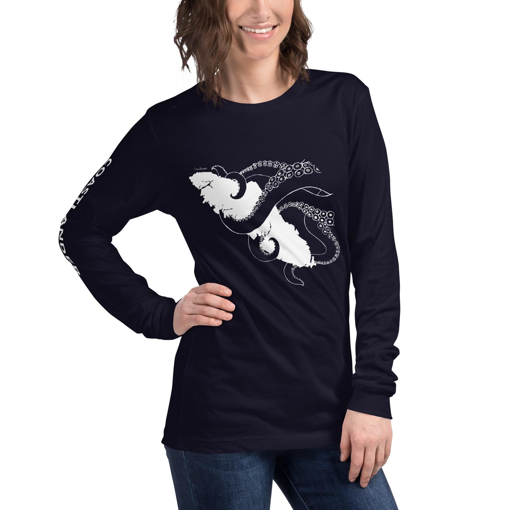 Design of Octopus Wrapped Around Vancouver Island - Unisex Long Sleeve Tee , the colour is