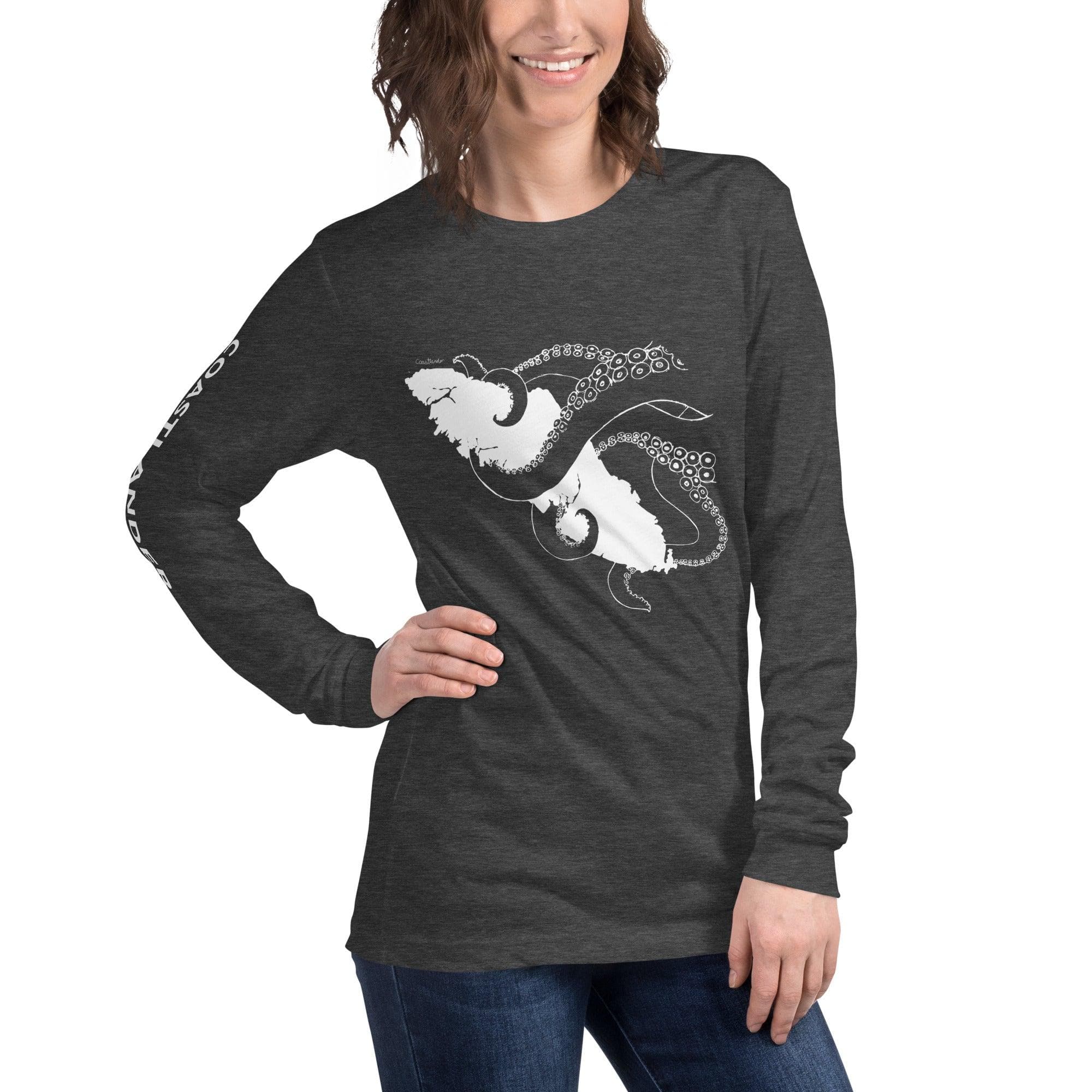 Design of Octopus Wrapped Around Vancouver Island - Unisex Long Sleeve Tee , the colour is