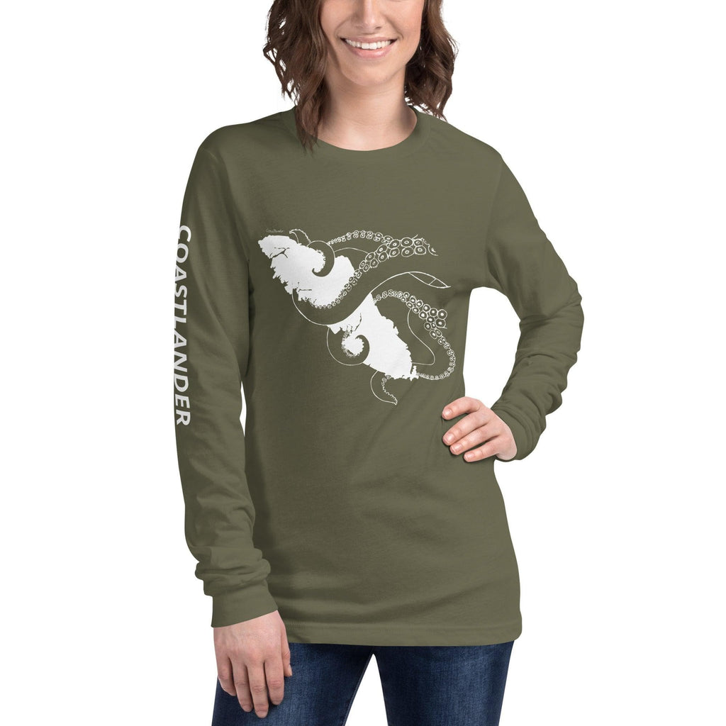 Design of Octopus Wrapped Around Vancouver Island - Unisex Long Sleeve Tee , the colour is Military Green