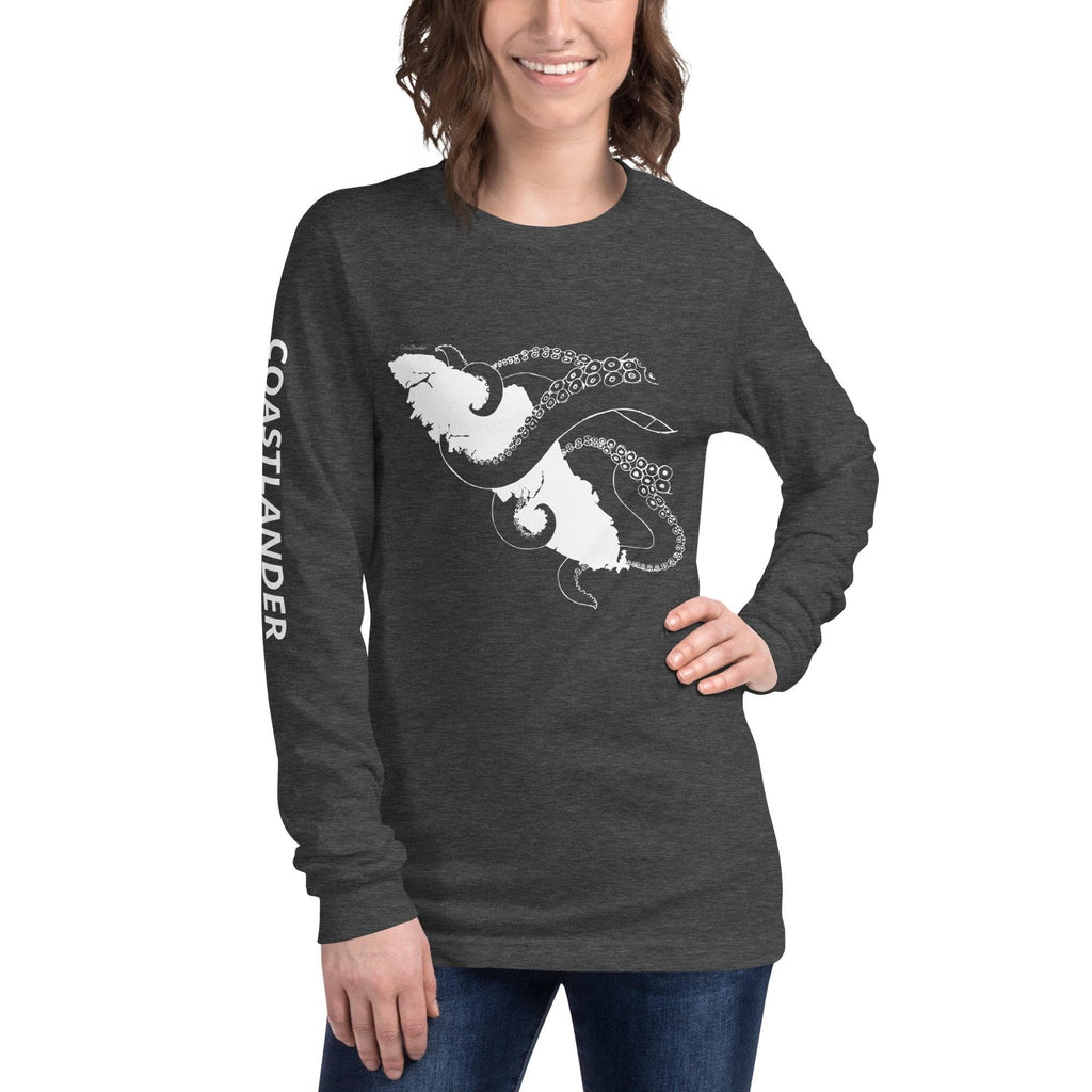 Design of Octopus Wrapped Around Vancouver Island - Unisex Long Sleeve Tee , the colour is Dark Grey Heather