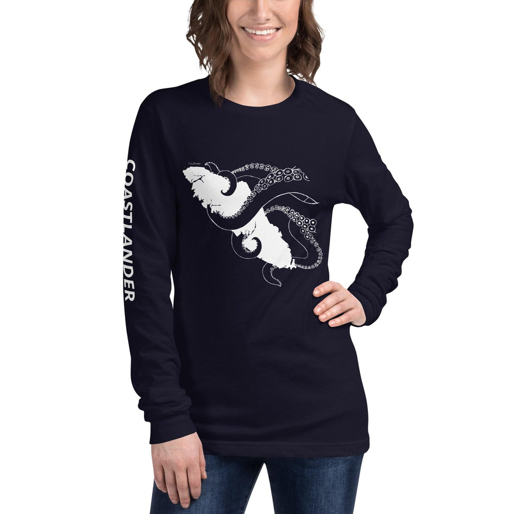 Design of Octopus Wrapped Around Vancouver Island - Unisex Long Sleeve Tee , the colour is Navy