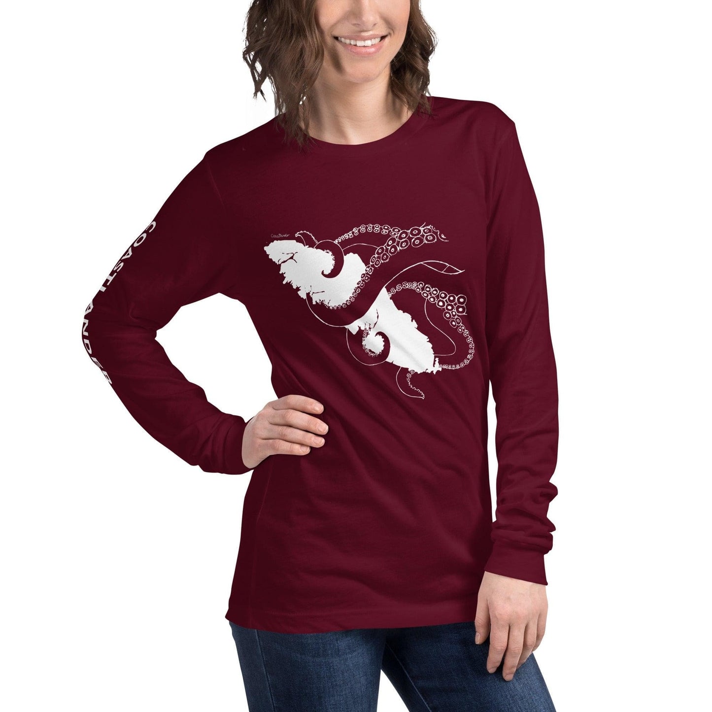 Design of Octopus Wrapped Around Vancouver Island - Unisex Long Sleeve Tee , the colour is