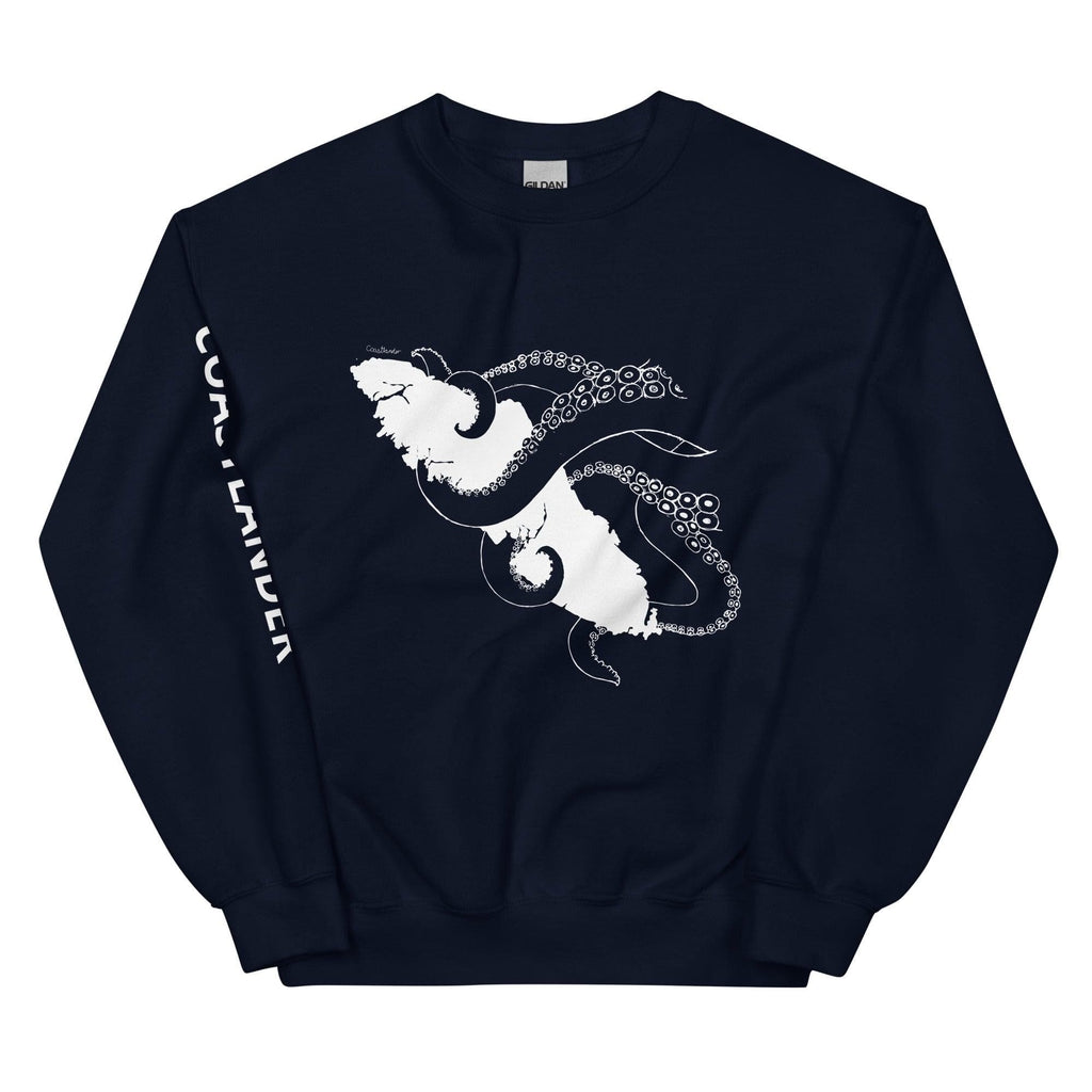 Design of Octopus Wrapped Around Vancouver Island - Unisex Sweatshirt , the colour is Navy