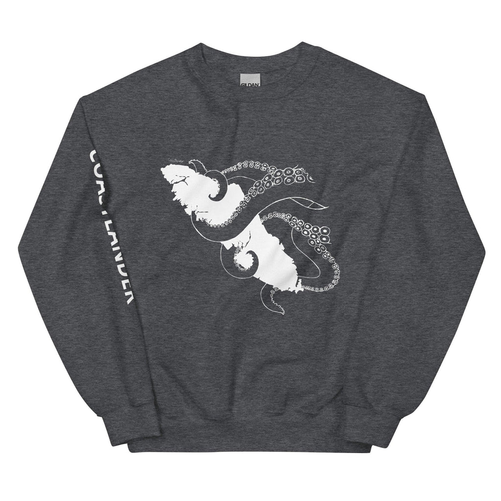 Design of Octopus Wrapped Around Vancouver Island - Unisex Sweatshirt , the colour is Dark Heather