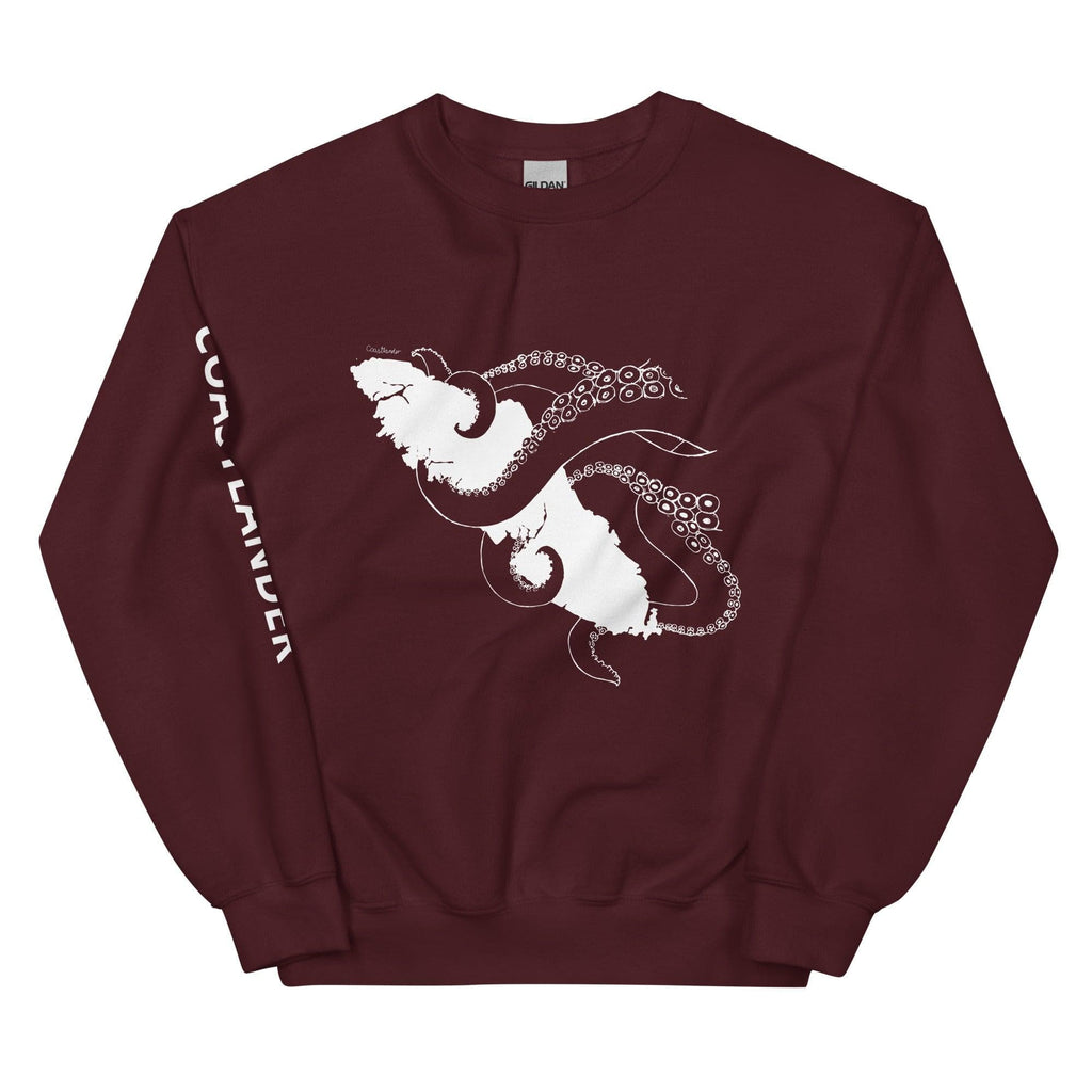 Design of Octopus Wrapped Around Vancouver Island - Unisex Sweatshirt , the colour is Maroon