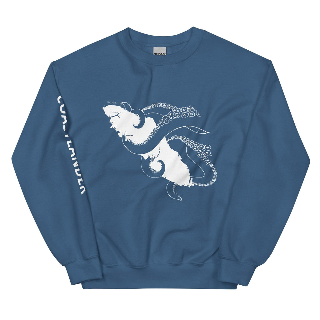 Design of Octopus Wrapped Around Vancouver Island - Unisex Sweatshirt , the colour is Indigo Blue