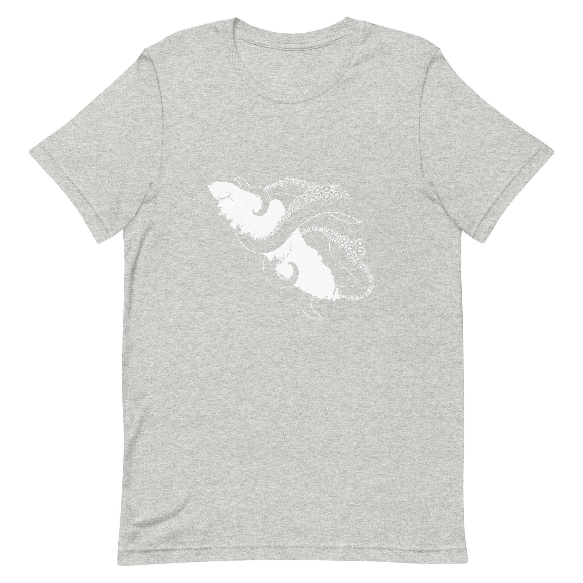 Design of Octopus Wrapped Around Vancouver Island - Unisex t-shirt , the colour is Athletic Heather