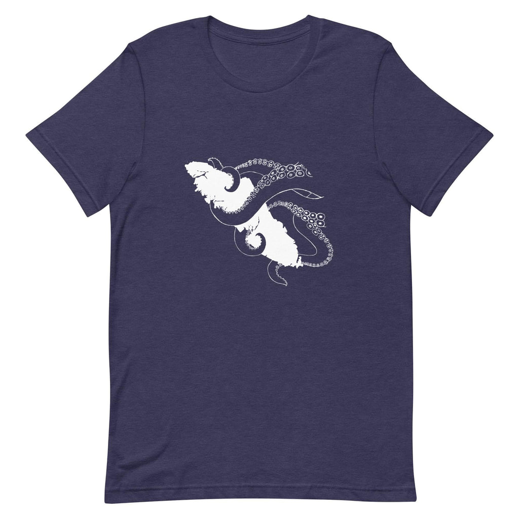 Design of Octopus Wrapped Around Vancouver Island - Unisex t-shirt , the colour is Heather Midnight Navy