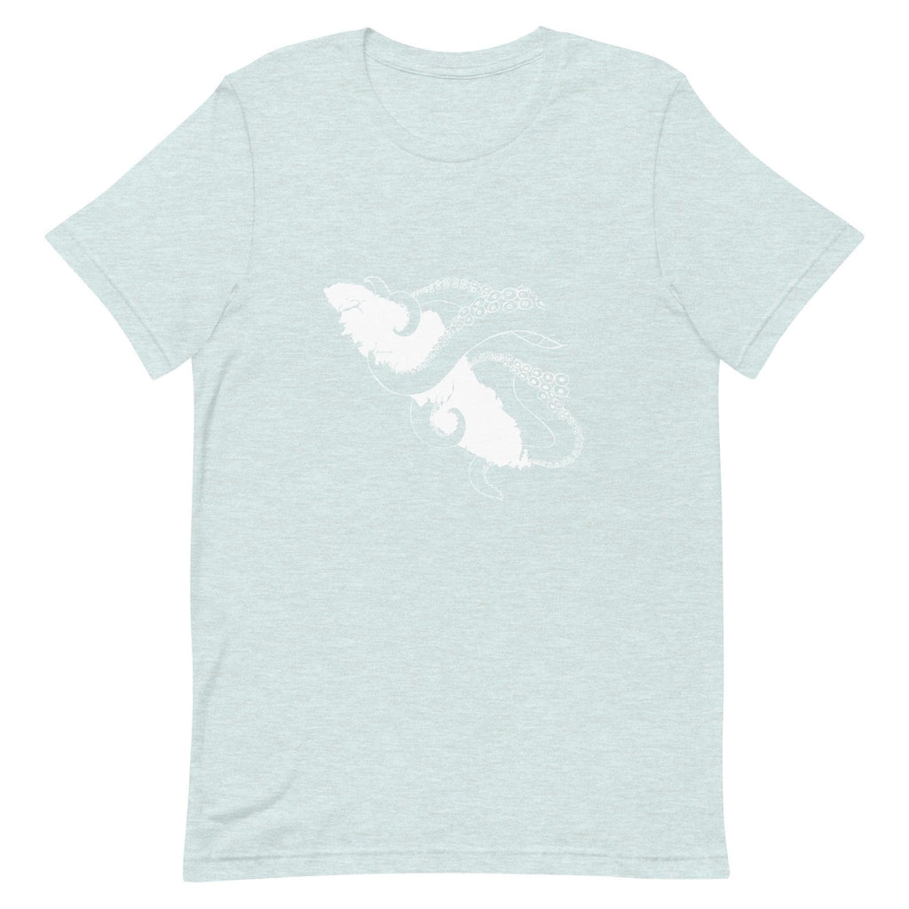 Design of Octopus Wrapped Around Vancouver Island - Unisex t-shirt , the colour is Heather Prism Ice Blue