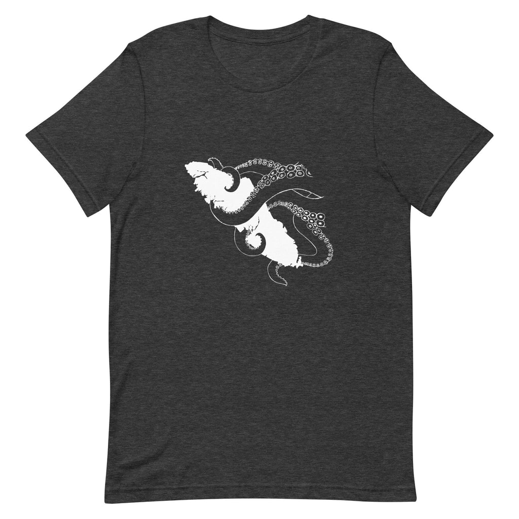 Design of Octopus Wrapped Around Vancouver Island - Unisex t-shirt , the colour is Dark Grey Heather
