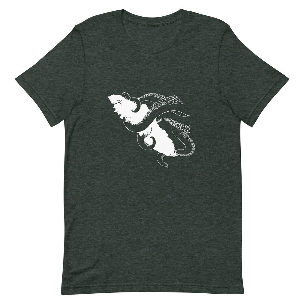 Design of Octopus Wrapped Around Vancouver Island - Unisex t-shirt , the colour is Heather Forest