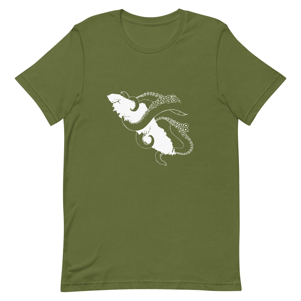 Design of Octopus Wrapped Around Vancouver Island - Unisex t-shirt , the colour is Olive