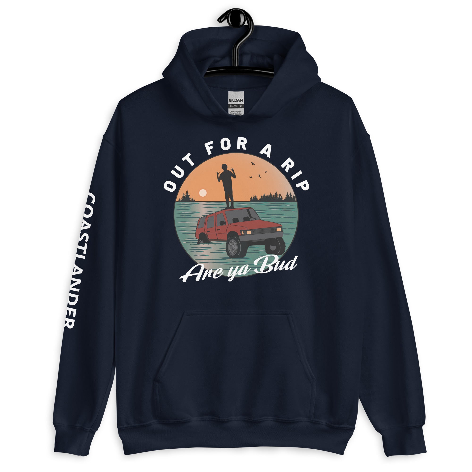 Design of Out For a Rip are ya Bud - Unisex Hoodie , the colour is Navy