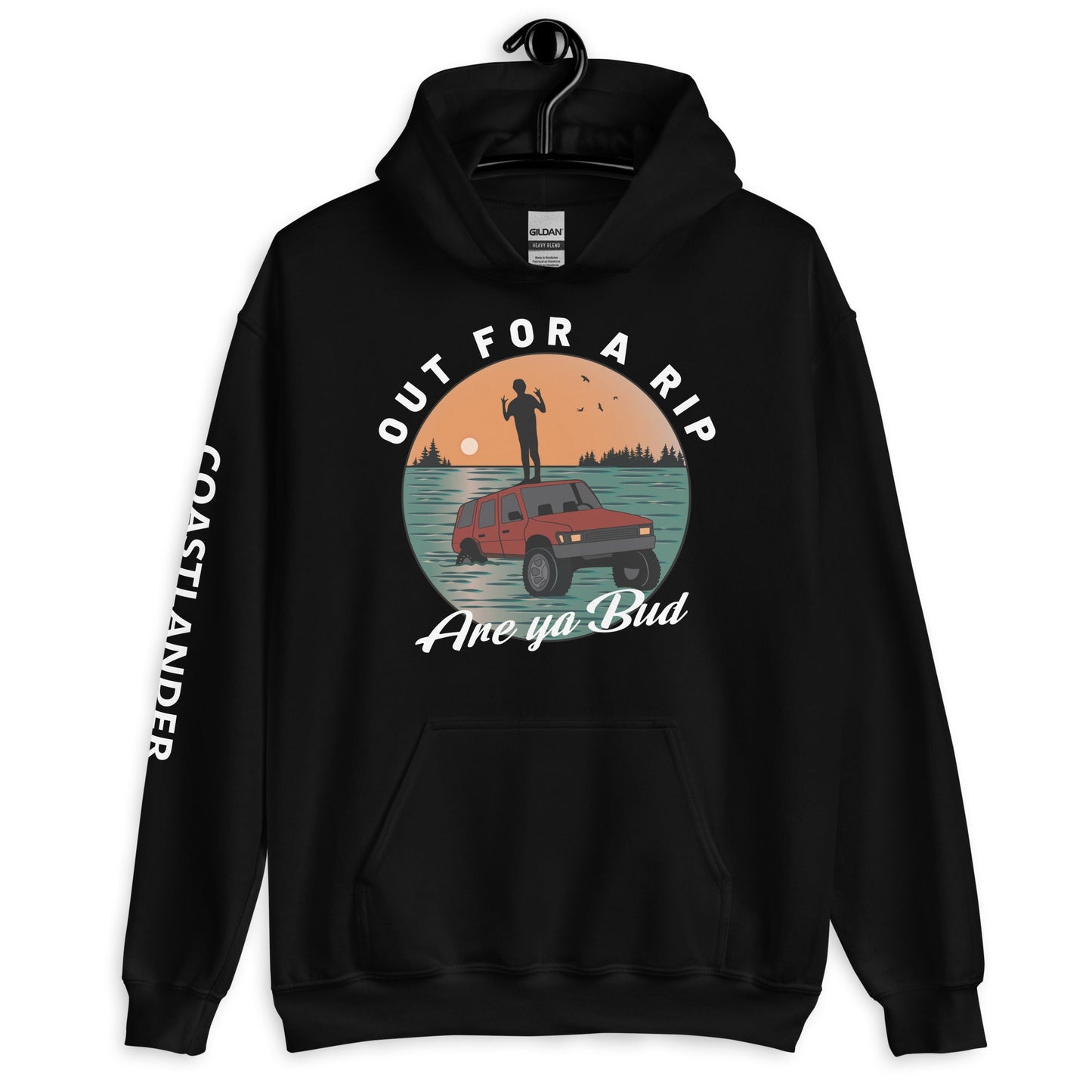 Design of Out For a Rip are ya Bud - Unisex Hoodie , the colour is Black