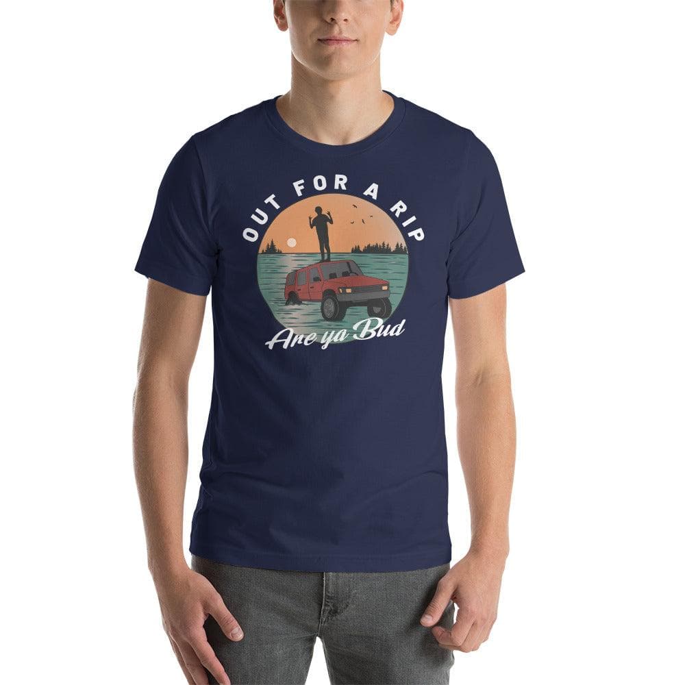 Design of Out For a Rip Are Ya Bud - Unisex t-shirt , the colour is Navy