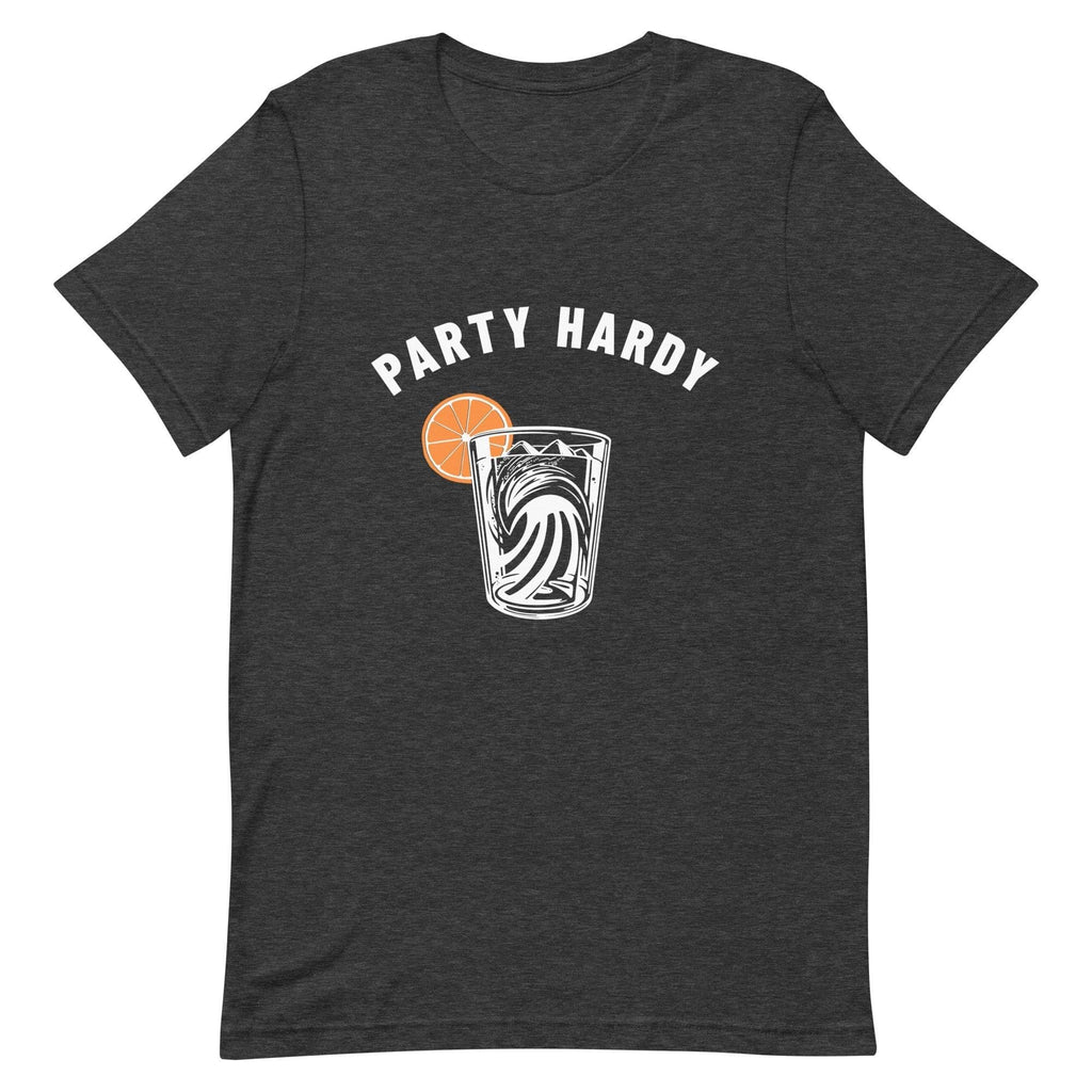 Design of Party Hardy Mountain Ocean Drink - Unisex t-shirt , the colour is Dark Grey Heather
