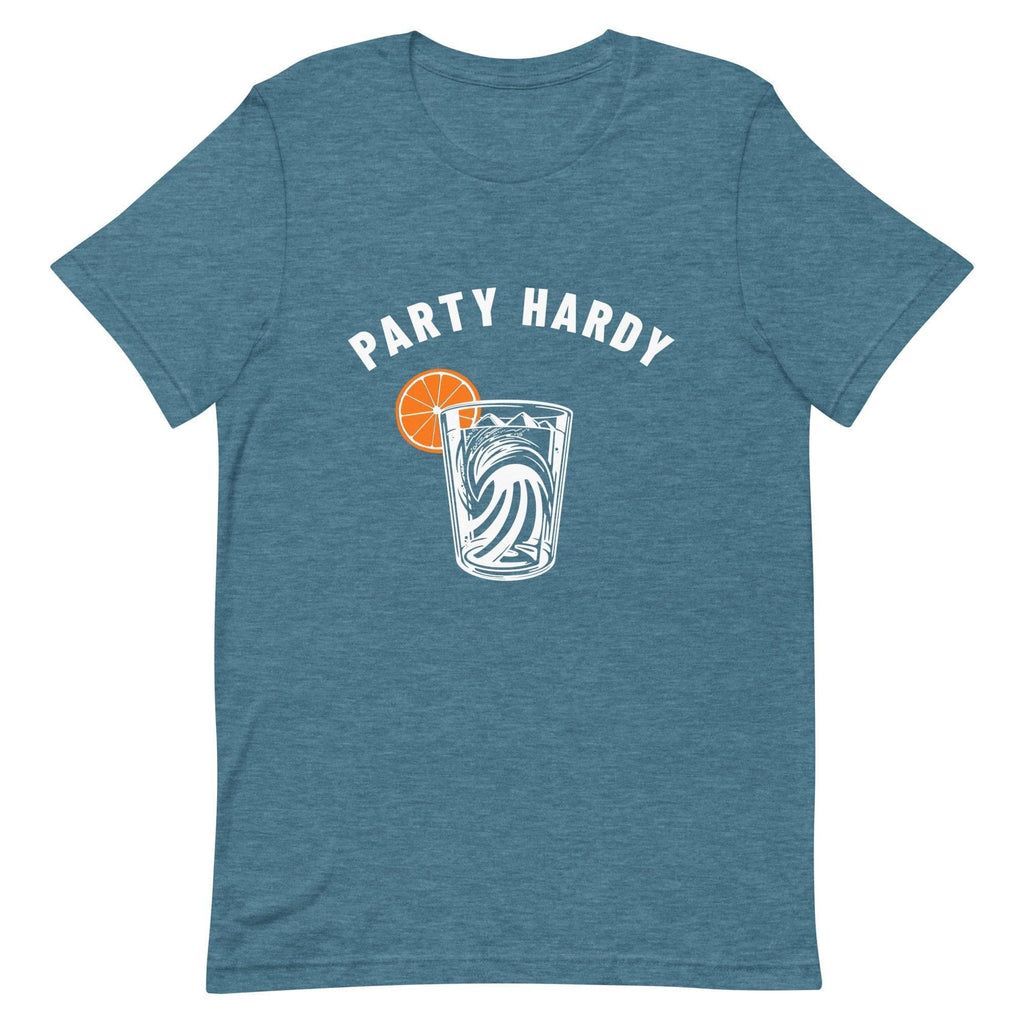 Design of Party Hardy Mountain Ocean Drink - Unisex t-shirt , the colour is Heather Deep Teal