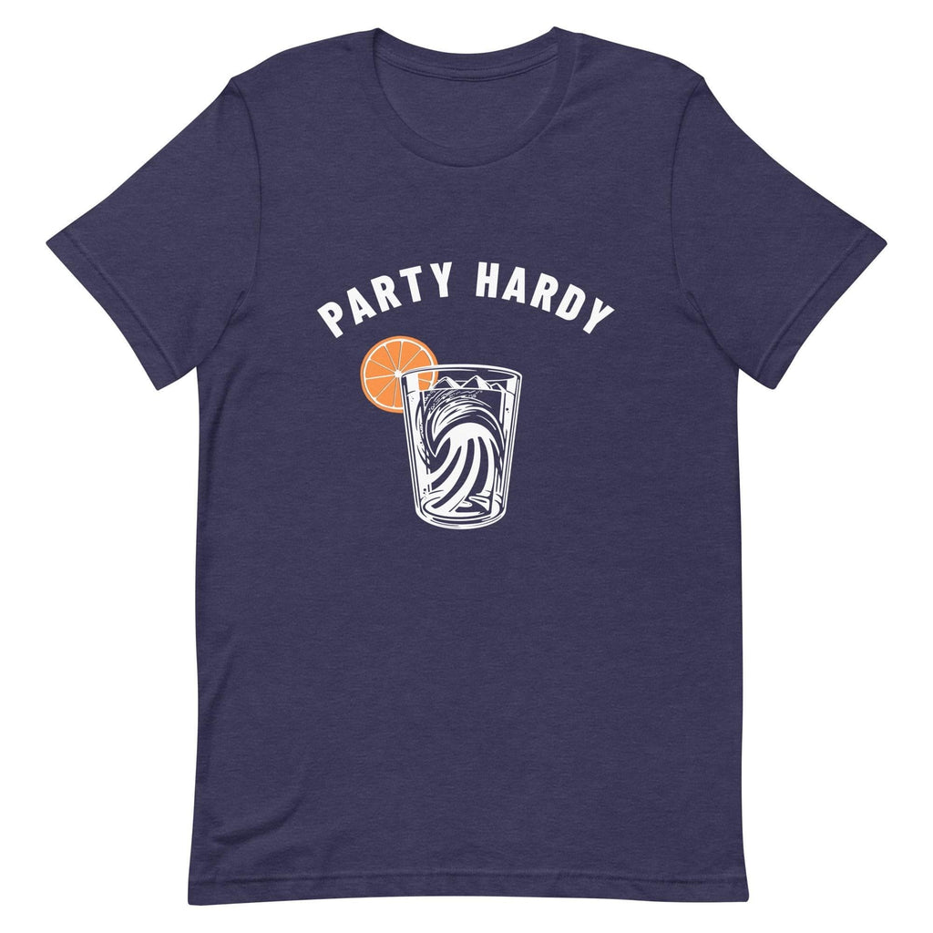 Design of Party Hardy Mountain Ocean Drink - Unisex t-shirt , the colour is Heather Midnight Navy