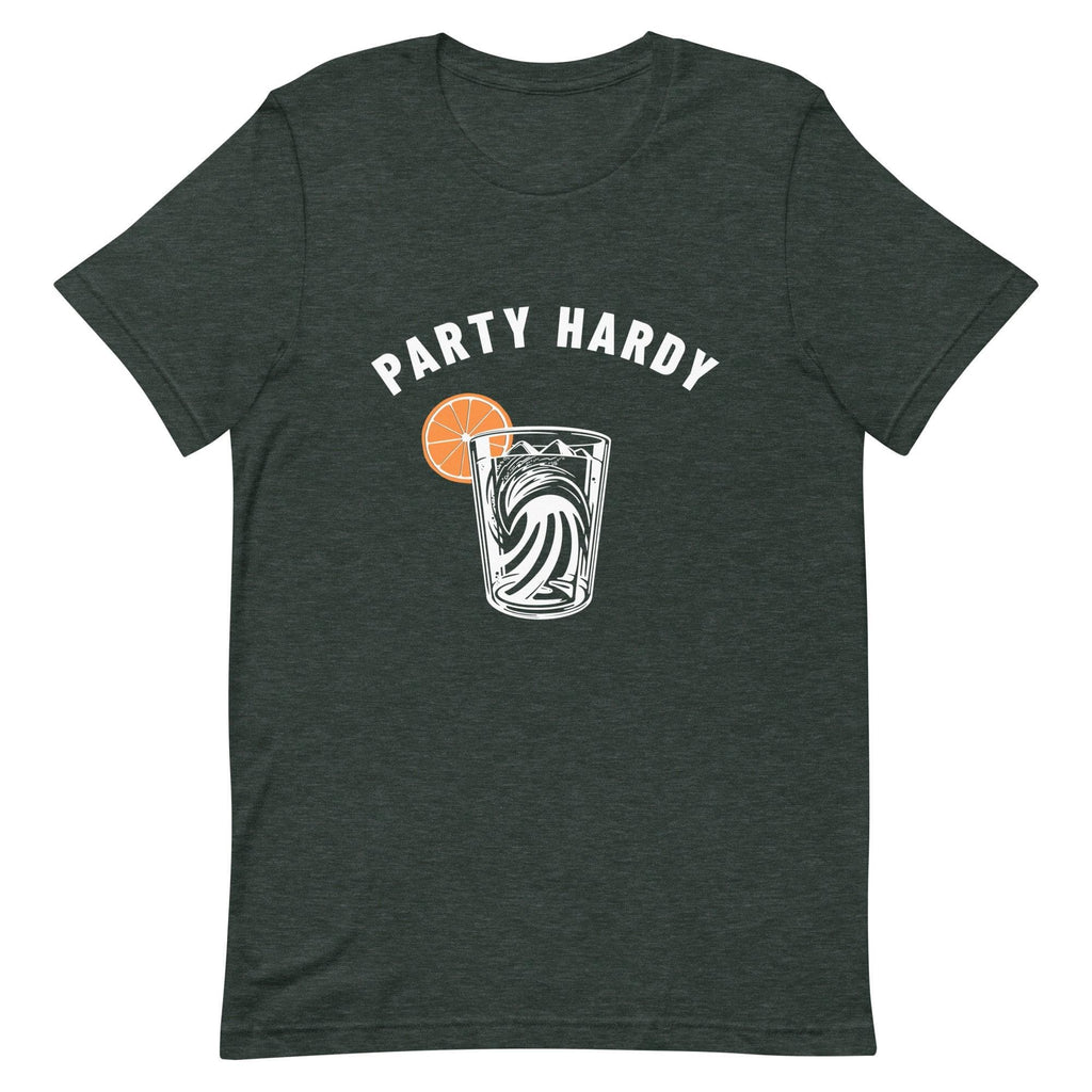 Design of Party Hardy Mountain Ocean Drink - Unisex t-shirt , the colour is Heather Forest