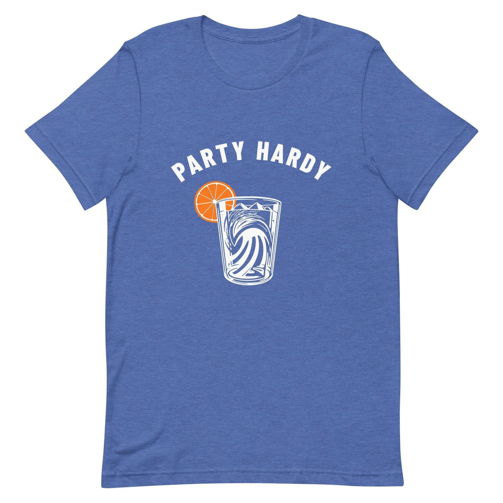 Design of Party Hardy Mountain Ocean Drink - Unisex t-shirt , the colour is Heather True Royal