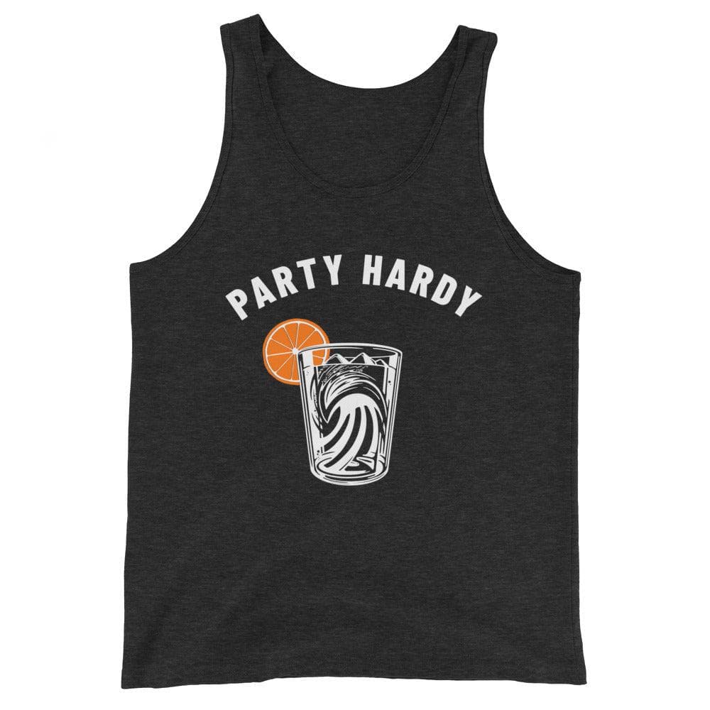 Design of Party Hardy Waves & Mountain in Glass - Unisex Tank Top , the colour is Charcoal-Black Triblend