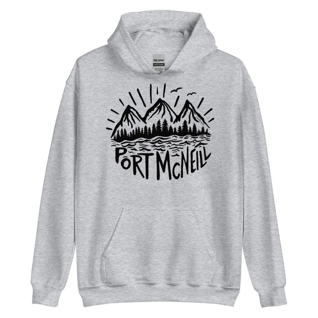 Design of Port McNeill - Black and White - Unisex Hoodie , the colour is Sport Grey