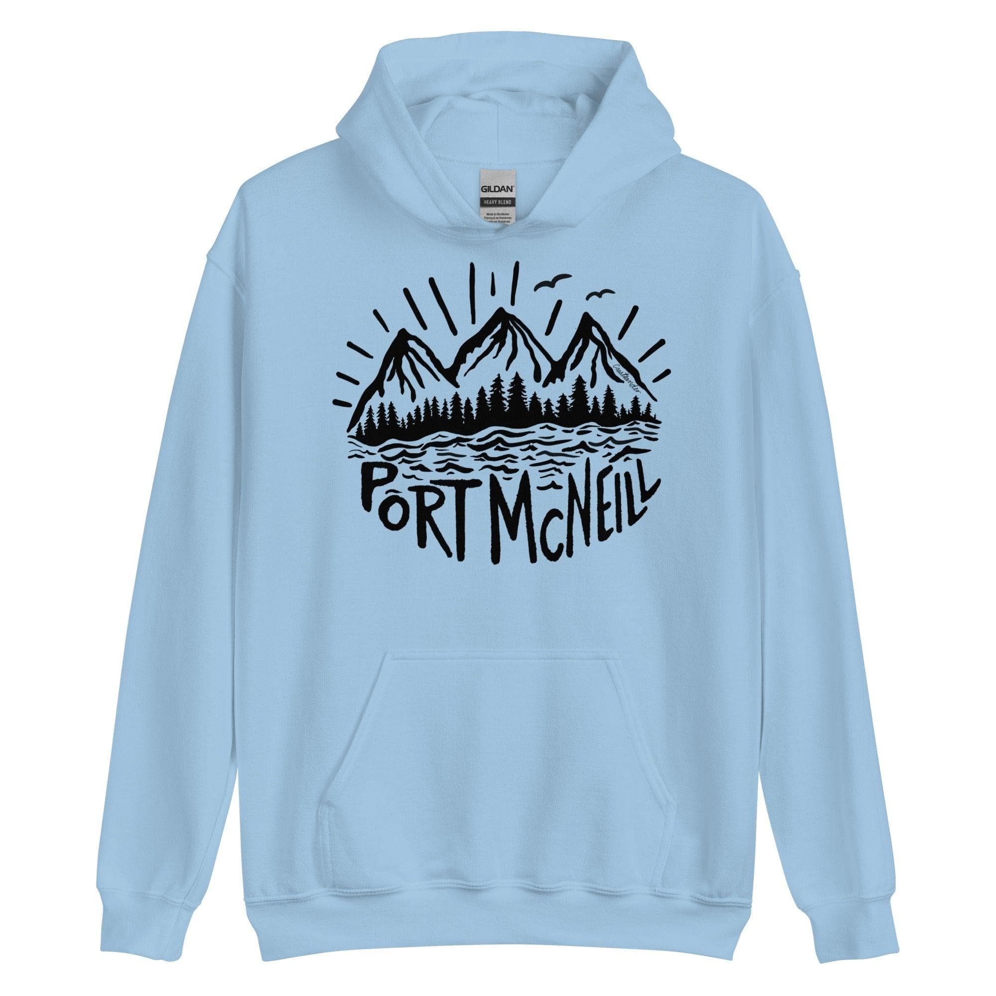 Design of Port McNeill - Black and White - Unisex Hoodie , the colour is Light Blue