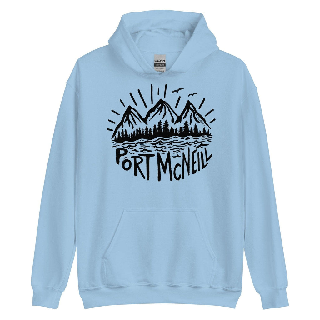 Design of Port McNeill - Black and White - Unisex Hoodie , the colour is Light Blue