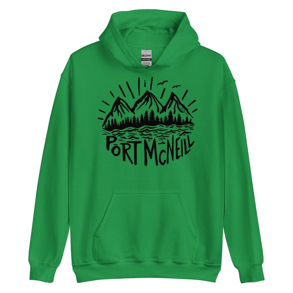 Design of Port McNeill - Black and White - Unisex Hoodie , the colour is Irish Green