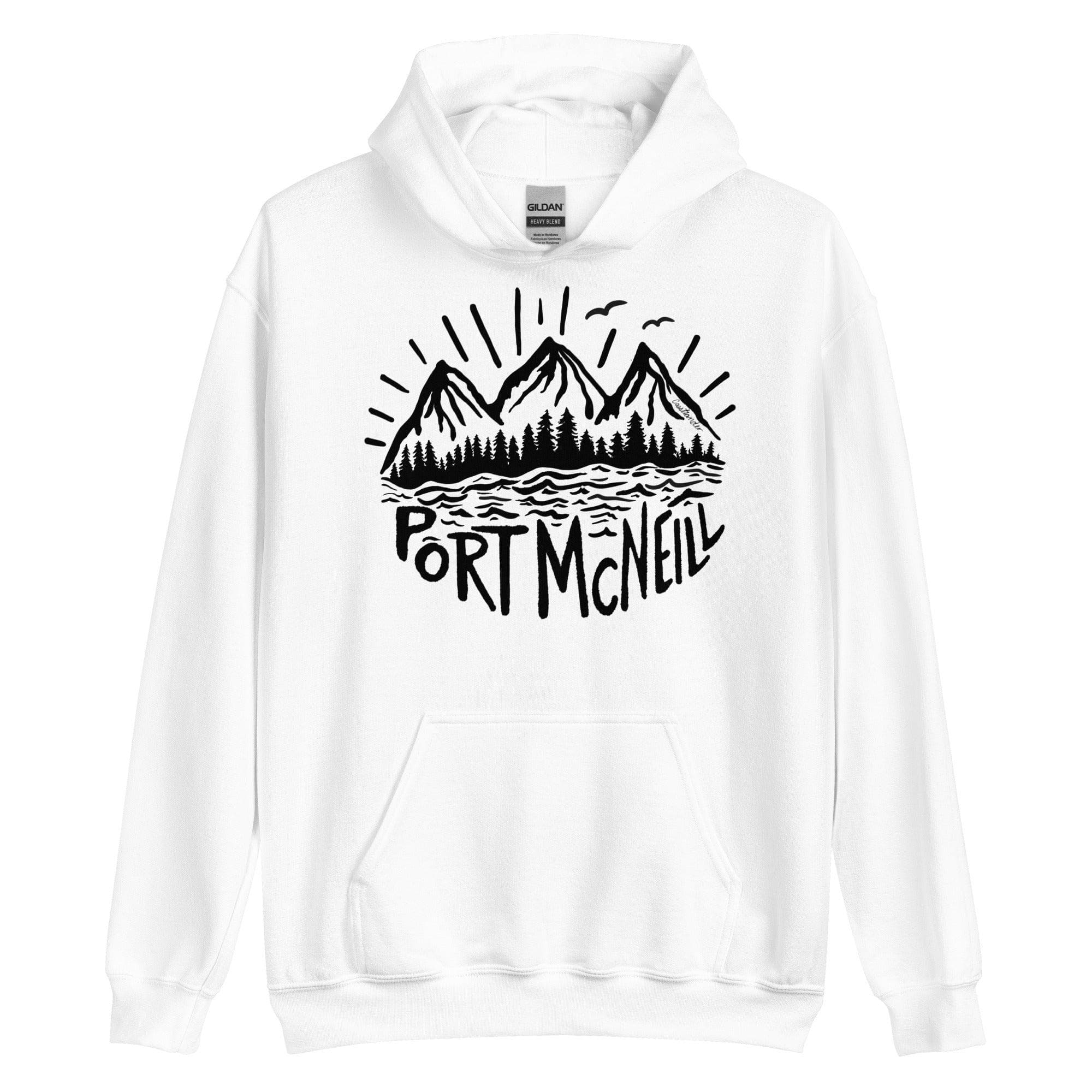 Design of Port McNeill - Black and White - Unisex Hoodie , the colour is White