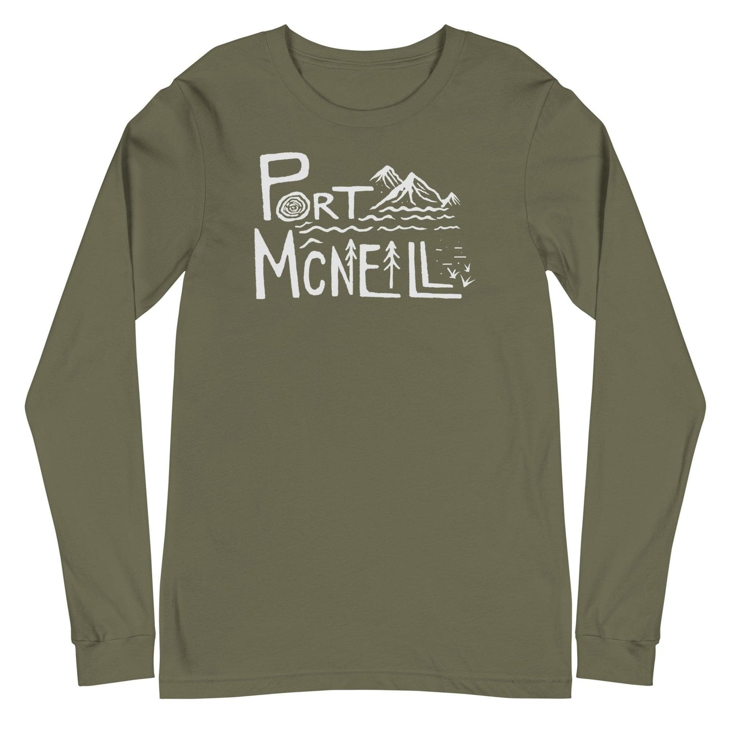 Design of Port Mcneill - Unisex Long Sleeve Tee , the colour is Military Green