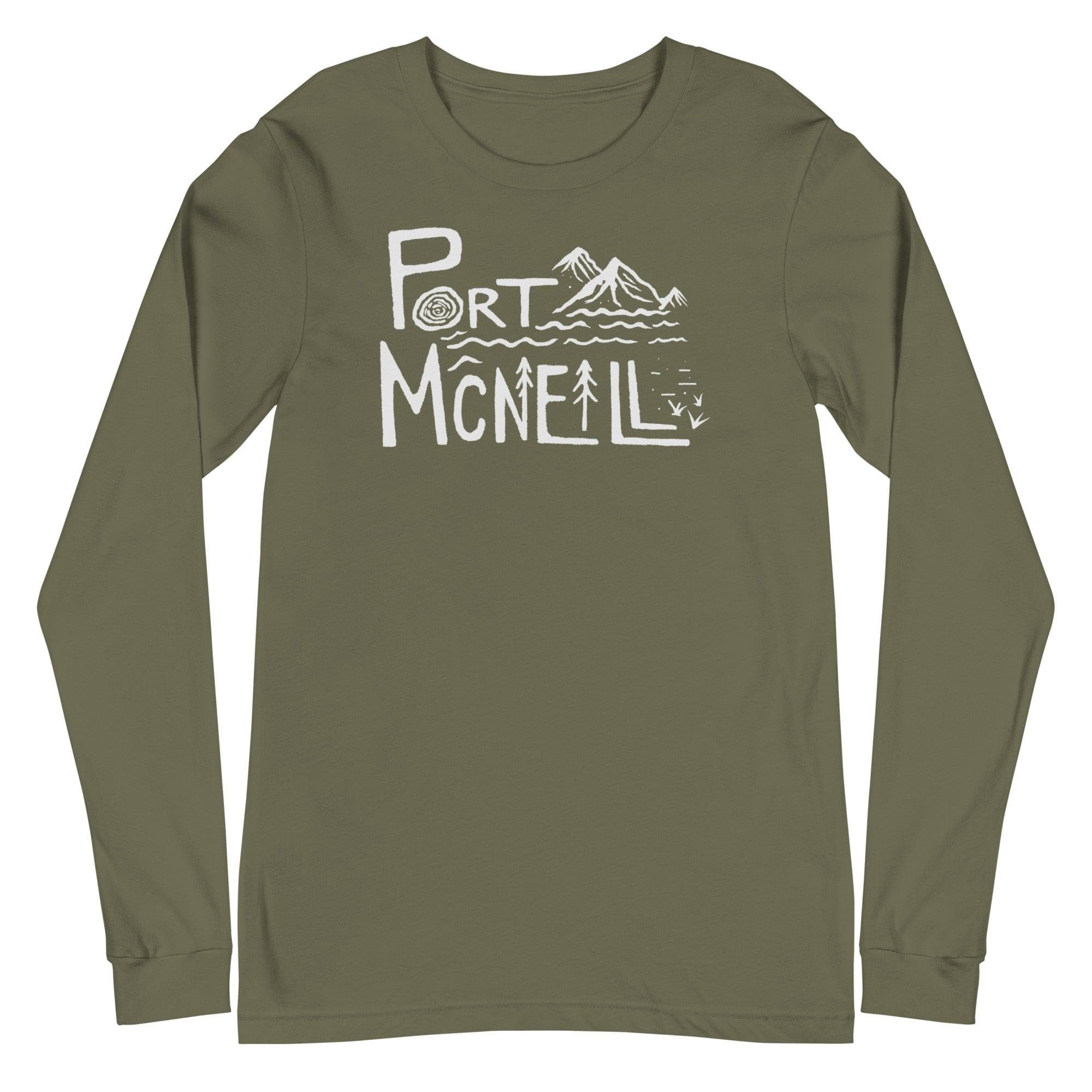Design of Port Mcneill - Unisex Long Sleeve Tee , the colour is Military Green