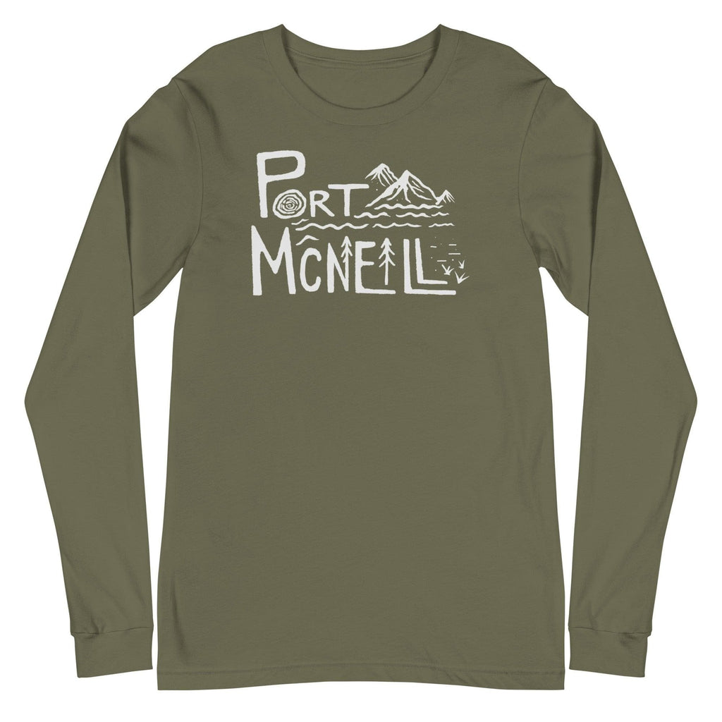 Design of Port Mcneill - Unisex Long Sleeve Tee , the colour is Military Green