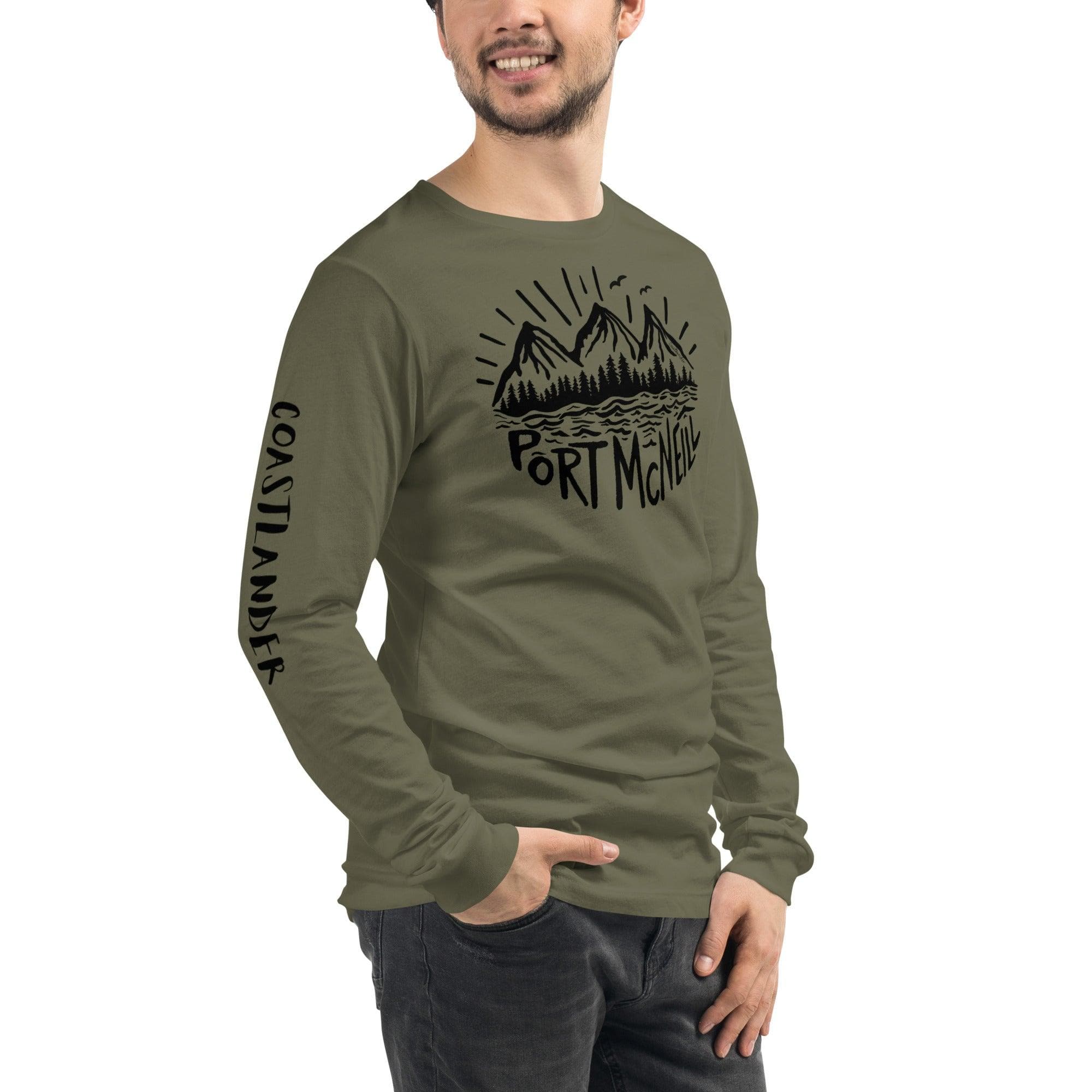Design of Port McNeill - Unisex Long Sleeve Tee , the colour is Military Green