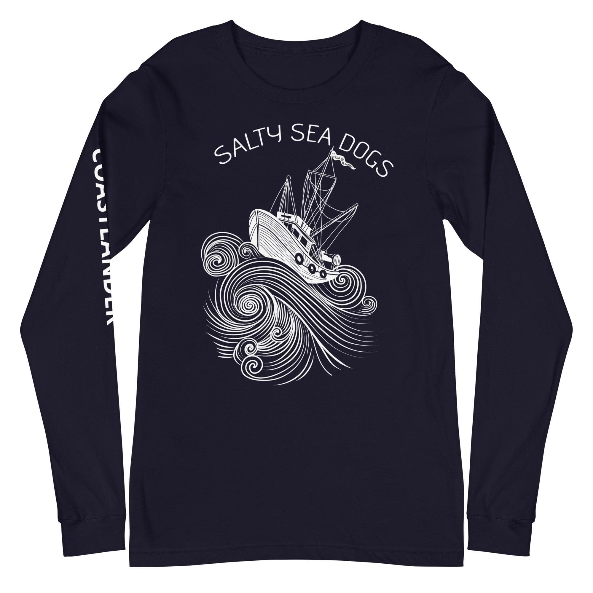 Design of Salty Sea Dogs - Unisex Long Sleeve Tee , the colour is Navy
