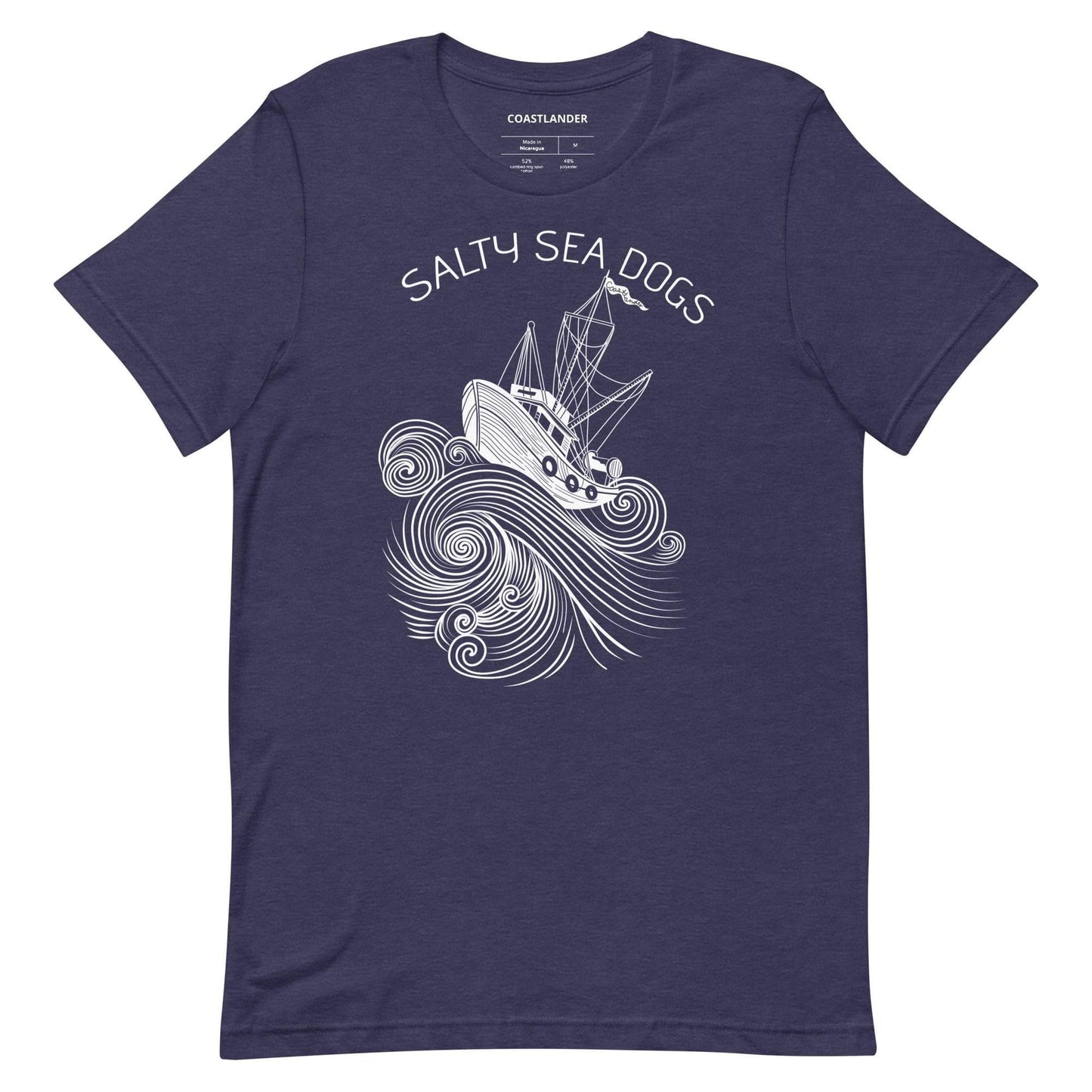 Design of Salty Sea Dogs - Unisex t-shirt , the colour is Heather Midnight Navy