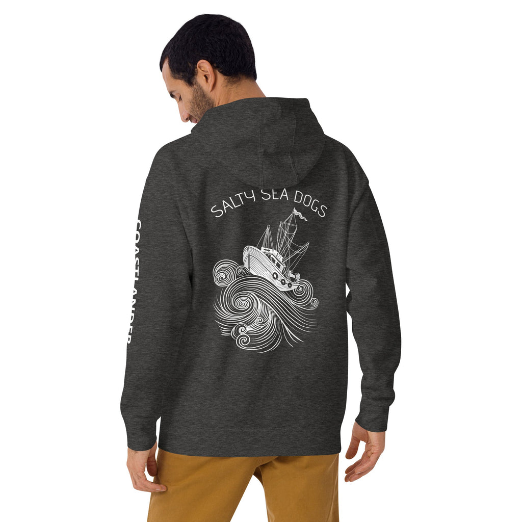 Design of Salty Seadogs - on back - Unisex Hoodie , the colour is Charcoal Heather