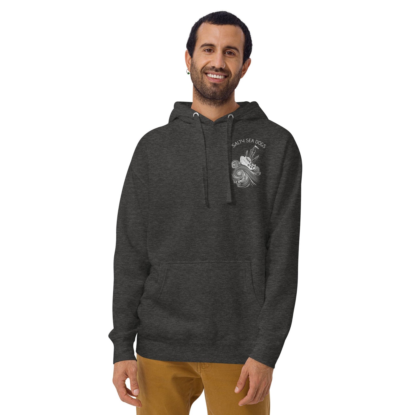 Design of Salty Seadogs - on back - Unisex Hoodie , the colour is