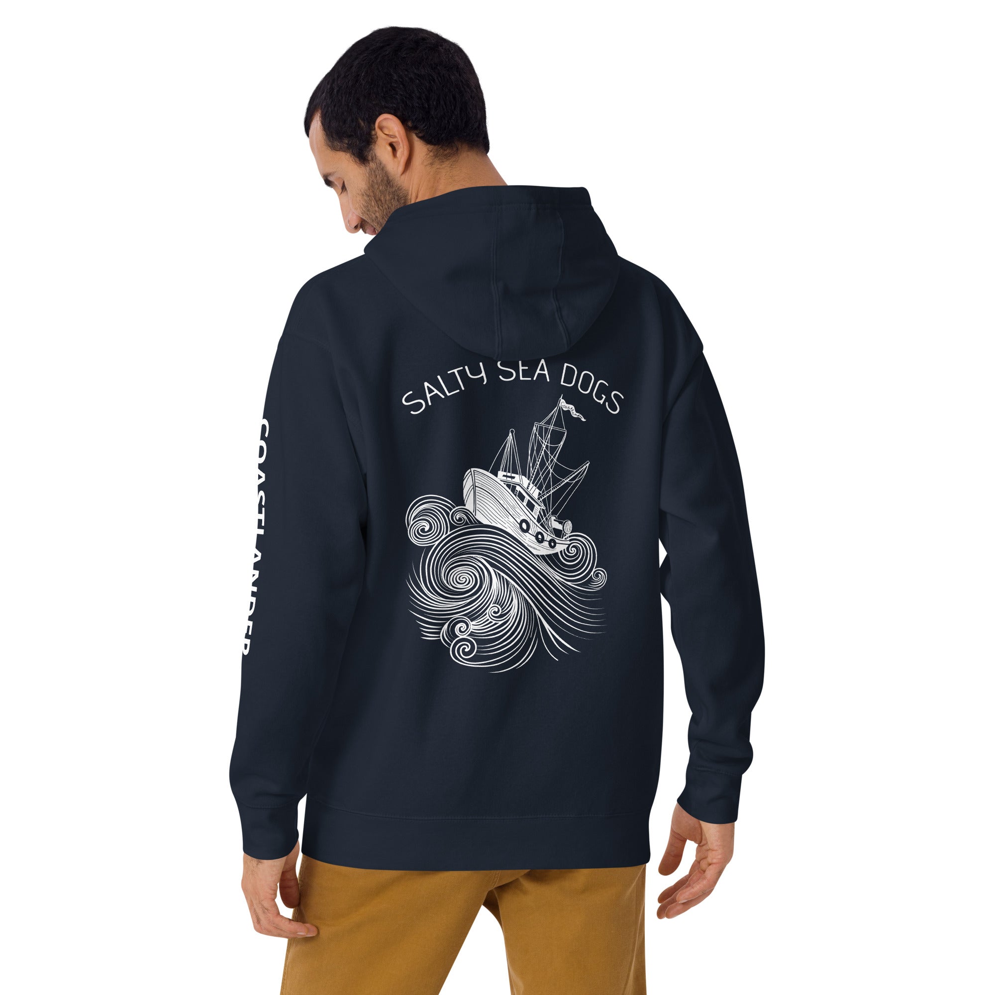 Design of Salty Seadogs - on back - Unisex Hoodie , the colour is Navy Blazer