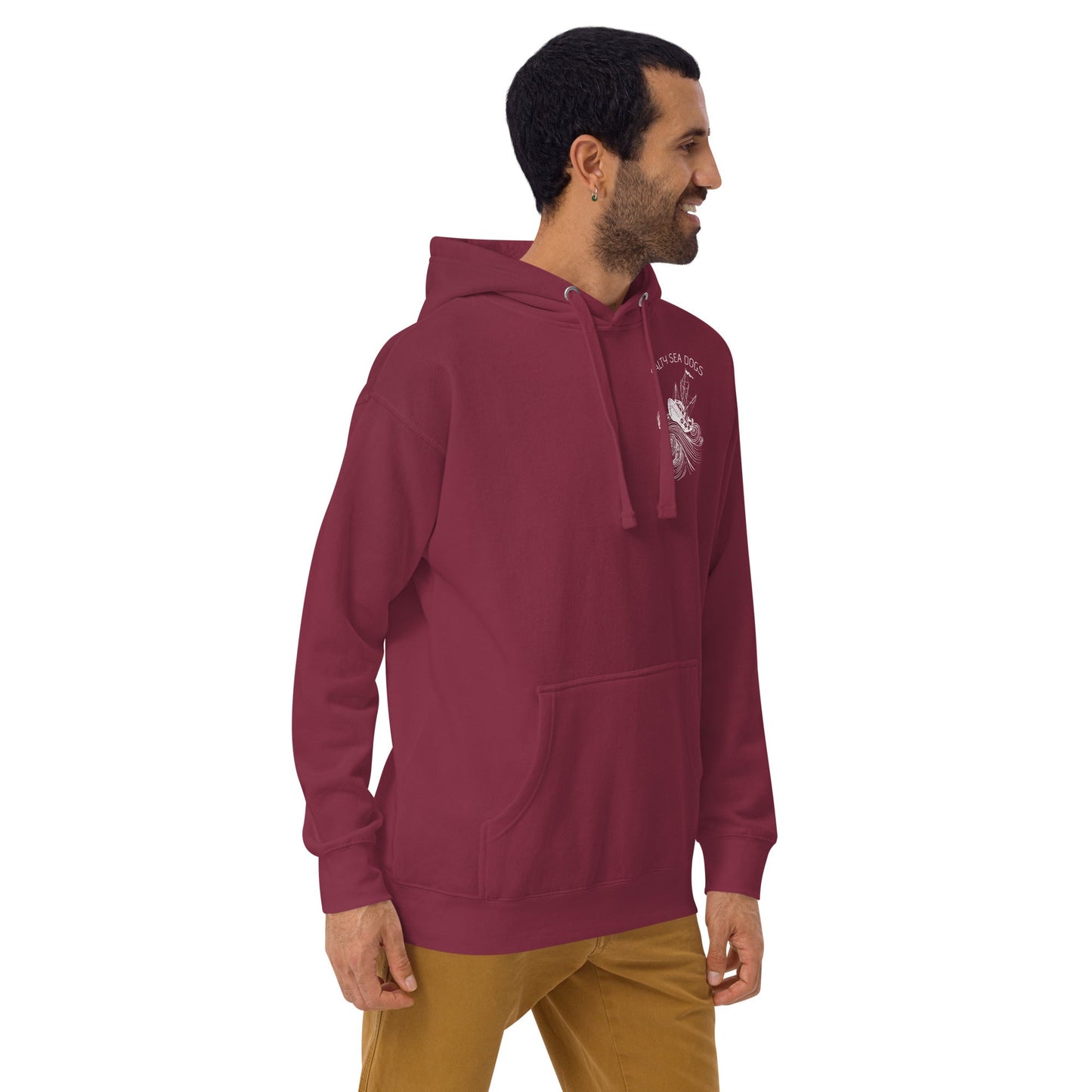 Design of Salty Seadogs - on back - Unisex Hoodie , the colour is